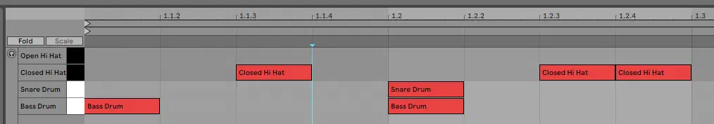 A drum loop displayed on a classic ‘piano roll’ MIDI interface.