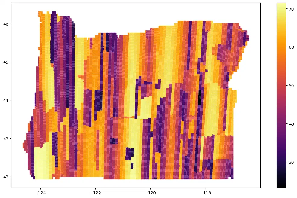 Oregon 2011 NAIP seamlines color-coded by the solar elevation when each seam was acquired.