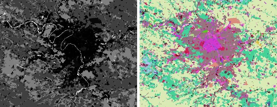 Before and after applying color to a land cover map with randomVisualizer.